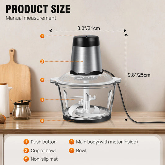 300W Electric Mini Food Chopper 2L Glass Bowl Meat Grinder 2 Speed