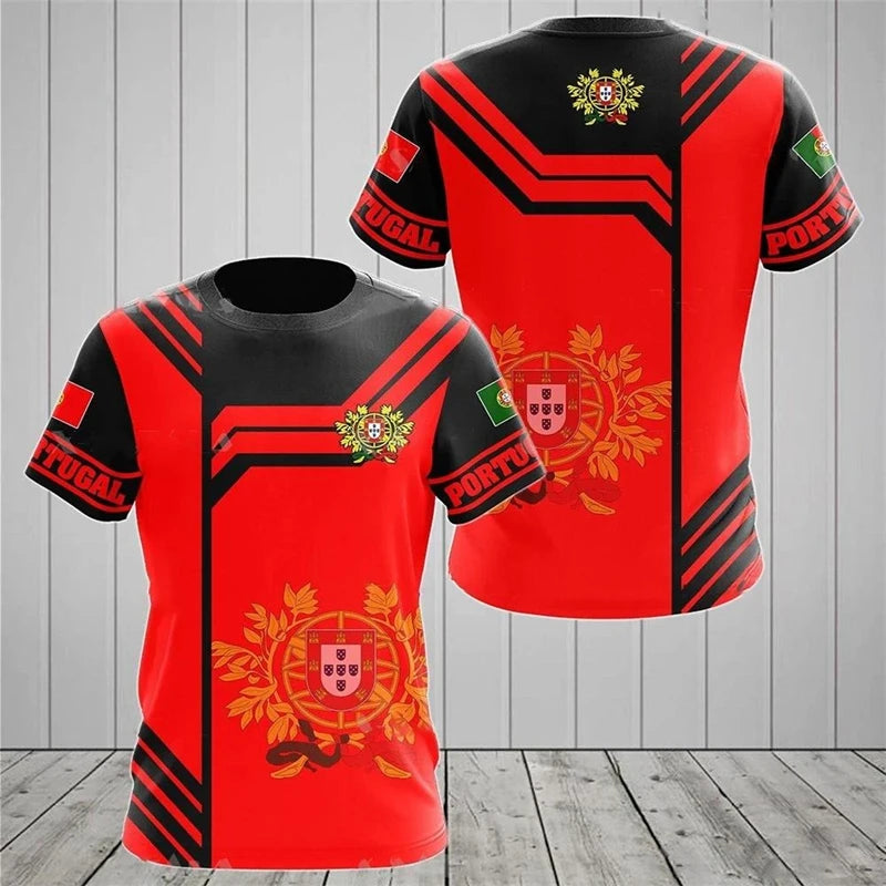Portugal Emblem T-Shirt – Men’s Striped Casual Streetwear Round Neck Tee