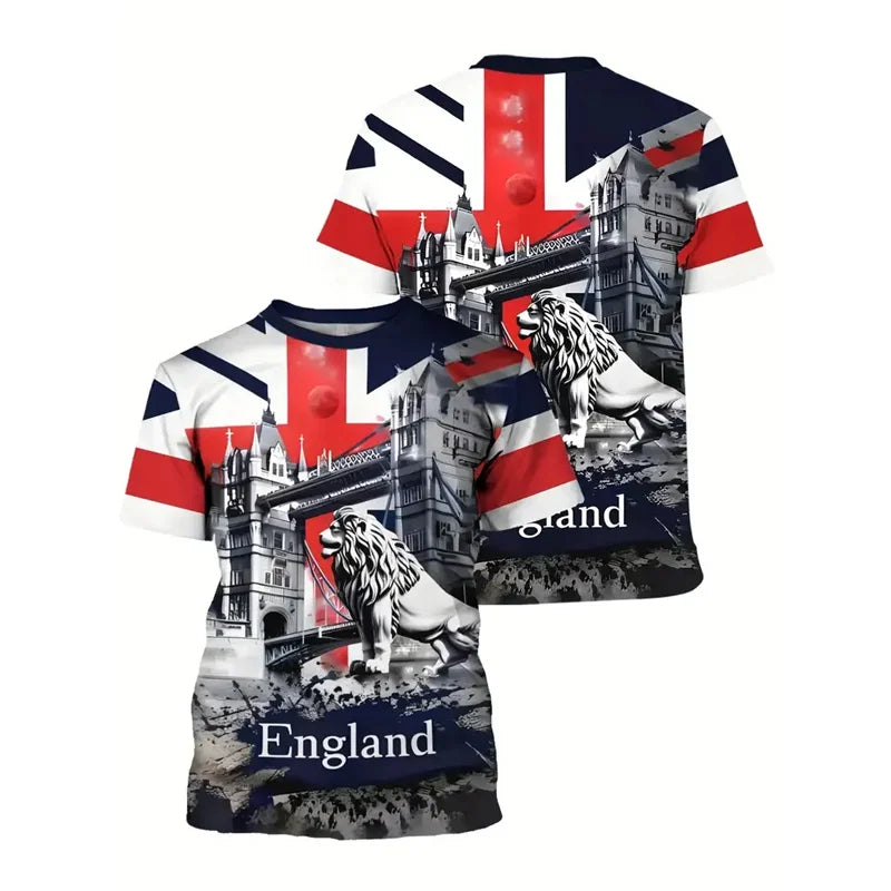 England Graffiti Print T-Shirt - Men’s Short Sleeve Round Neck Summer Top with Lion Stripe Pattern