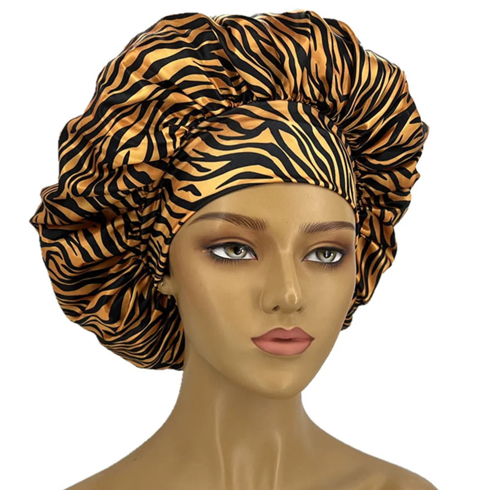 Leopard Print Satin Bonnet for Women – Curl-Enhancing Sleep Cap with Wide Elastic Band