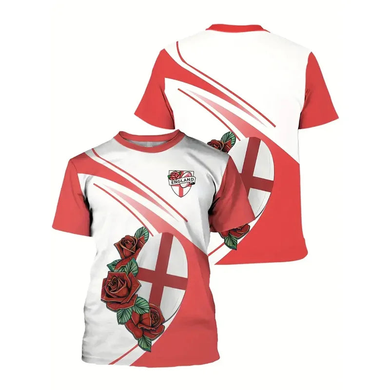 England Graffiti Print T-Shirt - Men’s Short Sleeve Round Neck Summer Top with Lion Stripe Pattern