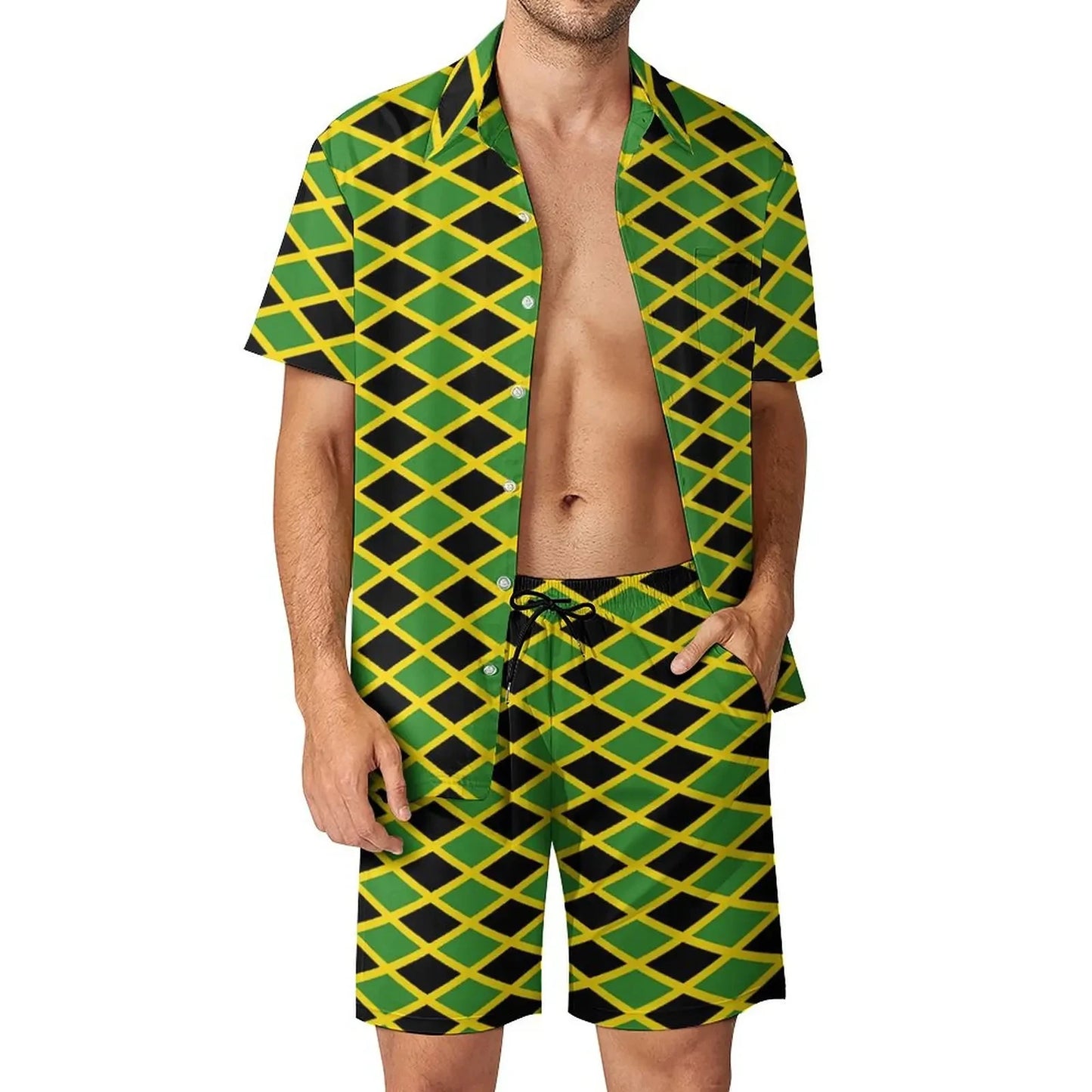 Jamaica Flag Colour Men’s Set - Diagonal Stripe Shorts & Outdoor Shirt