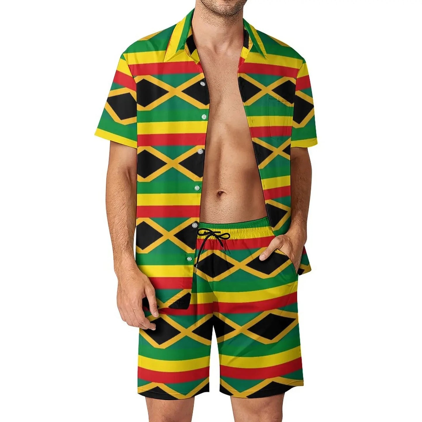 Jamaica Flag Colour Men’s Set - Diagonal Stripe Shorts & Outdoor Shirt
