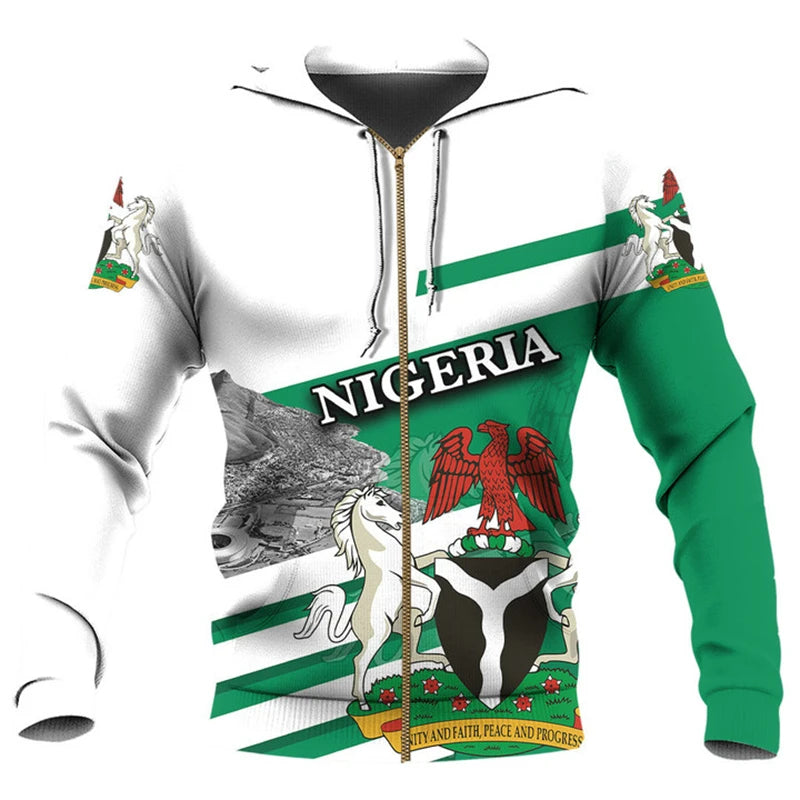 Nigeria Flag Zip Up Hoodie 3D Print Casual Unisex Hooded Sweatshirt