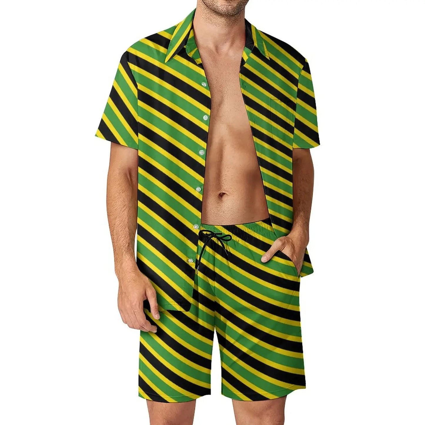 Jamaica Flag Colour Men’s Set - Diagonal Stripe Shorts & Outdoor Shirt