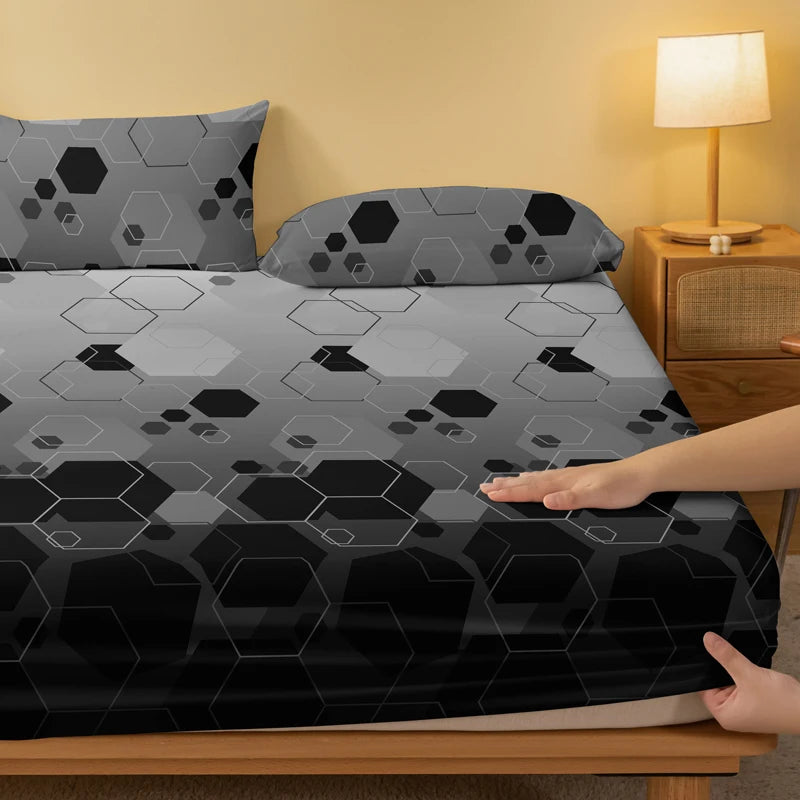 Geometric Printed Fitted Sheet Soft Polyester Bed Cover (No Pillowcases)