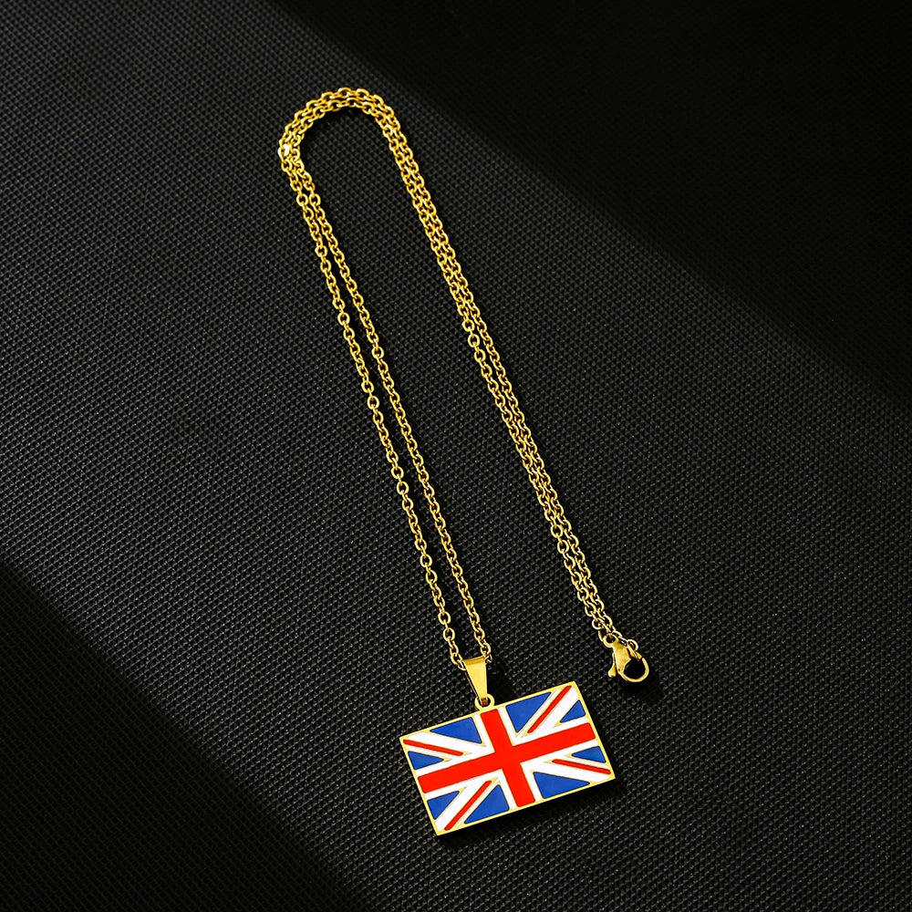 UK Flag Pendant Necklace Stainless Steel Enamel Unisex Couple Gift