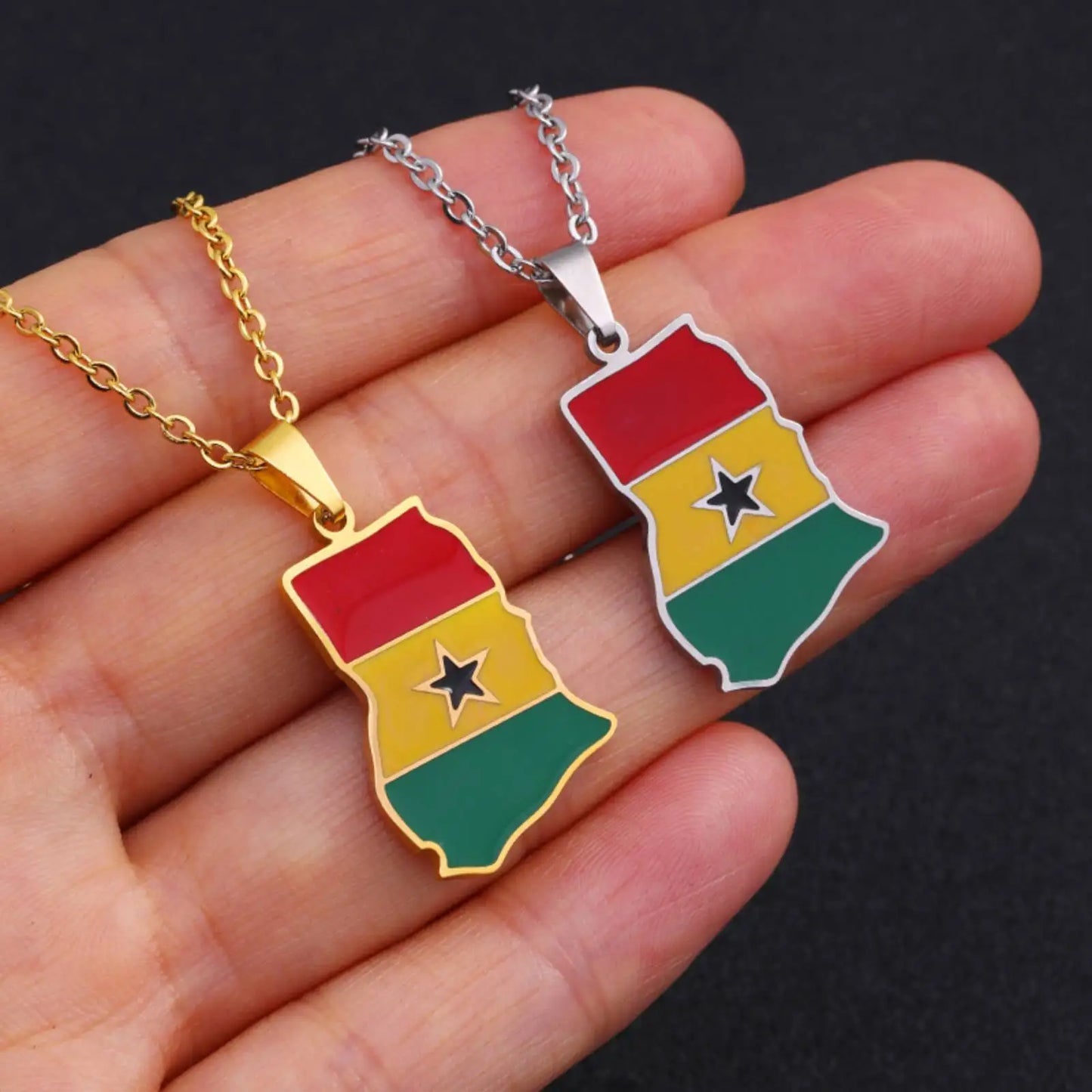 Ghana Map Flag Pendant Necklace - Patriotic Stainless Steel Jewelry for Men & Women