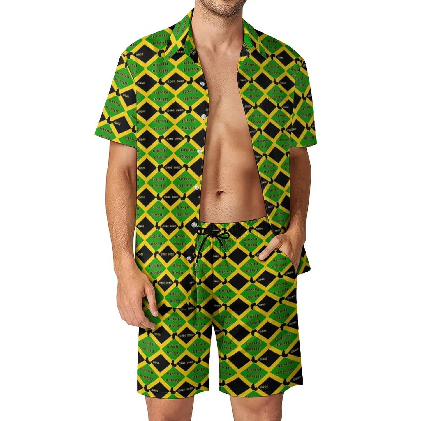 Jamaica Flag Colour Men’s Set - Diagonal Stripe Shorts & Outdoor Shirt