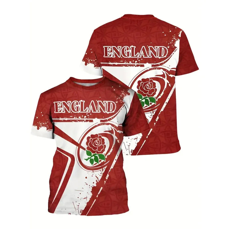 England Graffiti Print T-Shirt - Men’s Short Sleeve Round Neck Summer Top with Lion Stripe Pattern