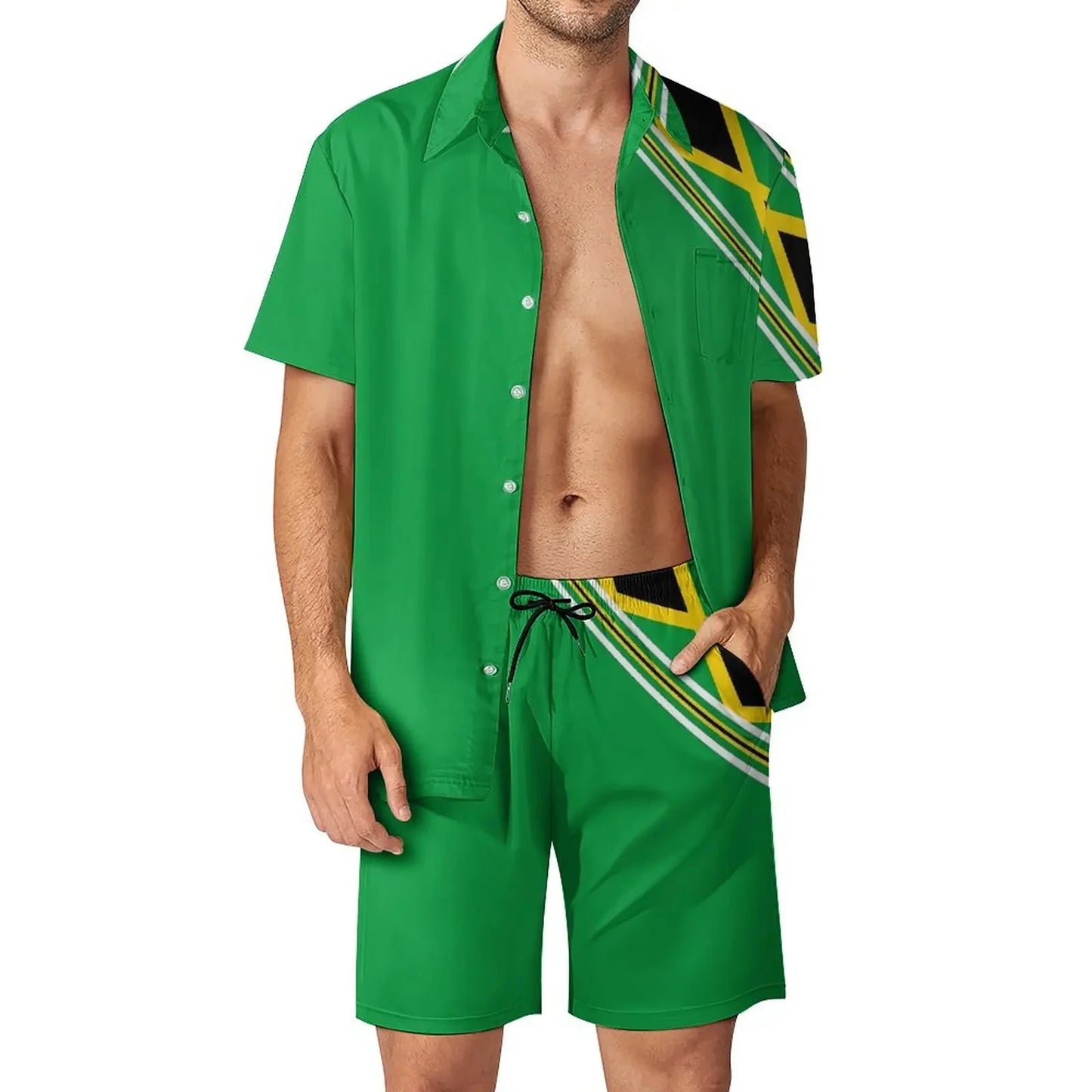 Jamaica Flag Colour Men’s Set - Diagonal Stripe Shorts & Outdoor Shirt