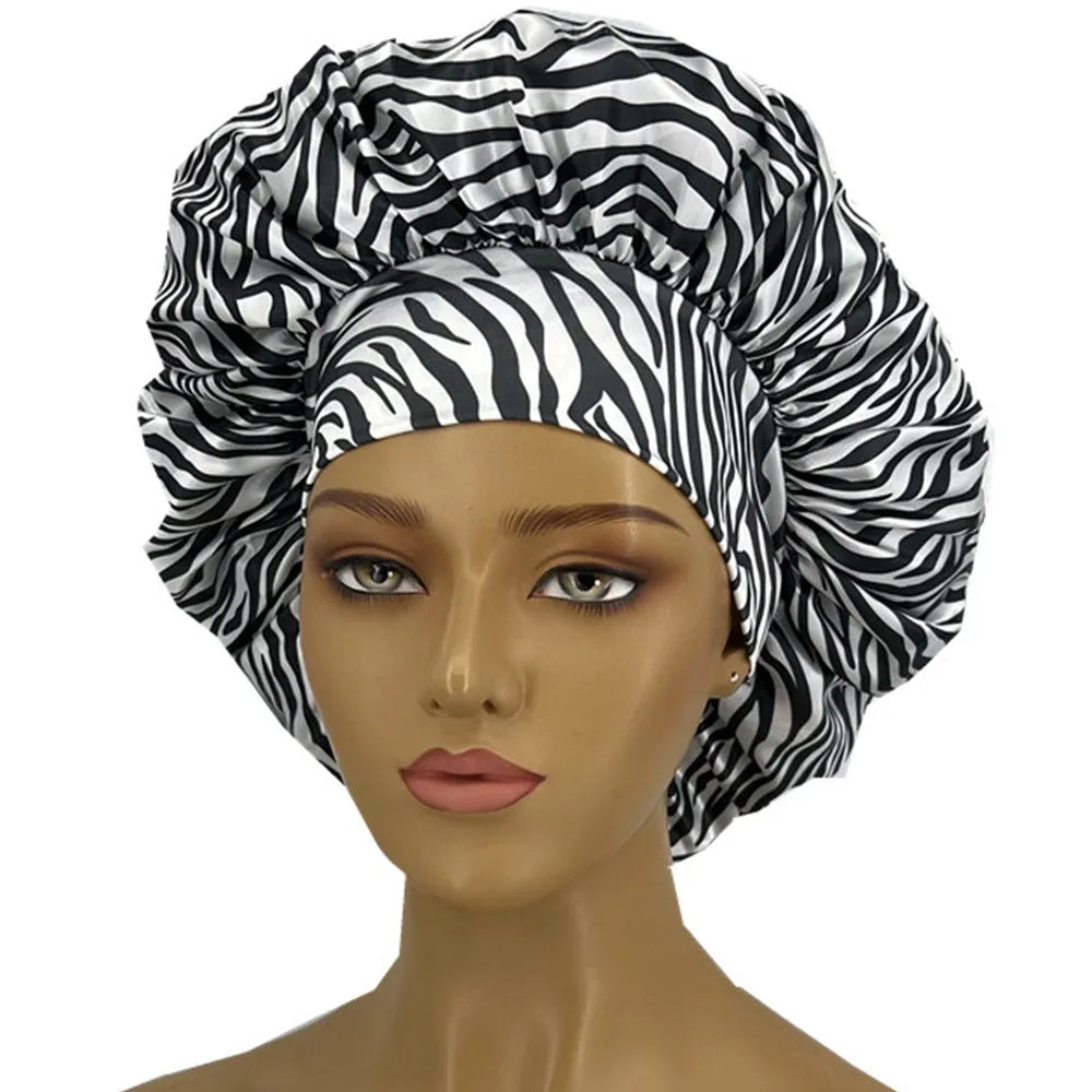 Leopard Print Satin Bonnet for Women – Curl-Enhancing Sleep Cap with Wide Elastic Band