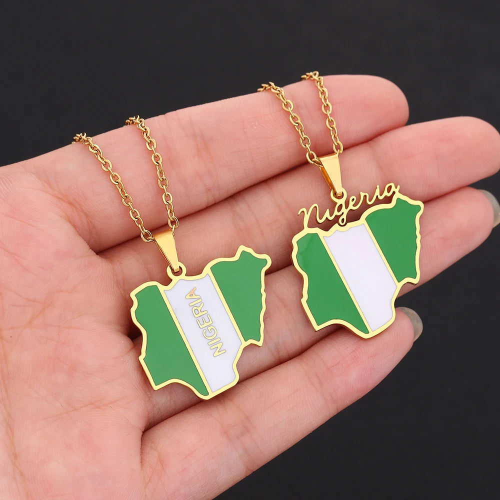 Nigeria Map Flag Pendant Necklace - Stainless Steel Gold & Silver Jewelry for Men & Women