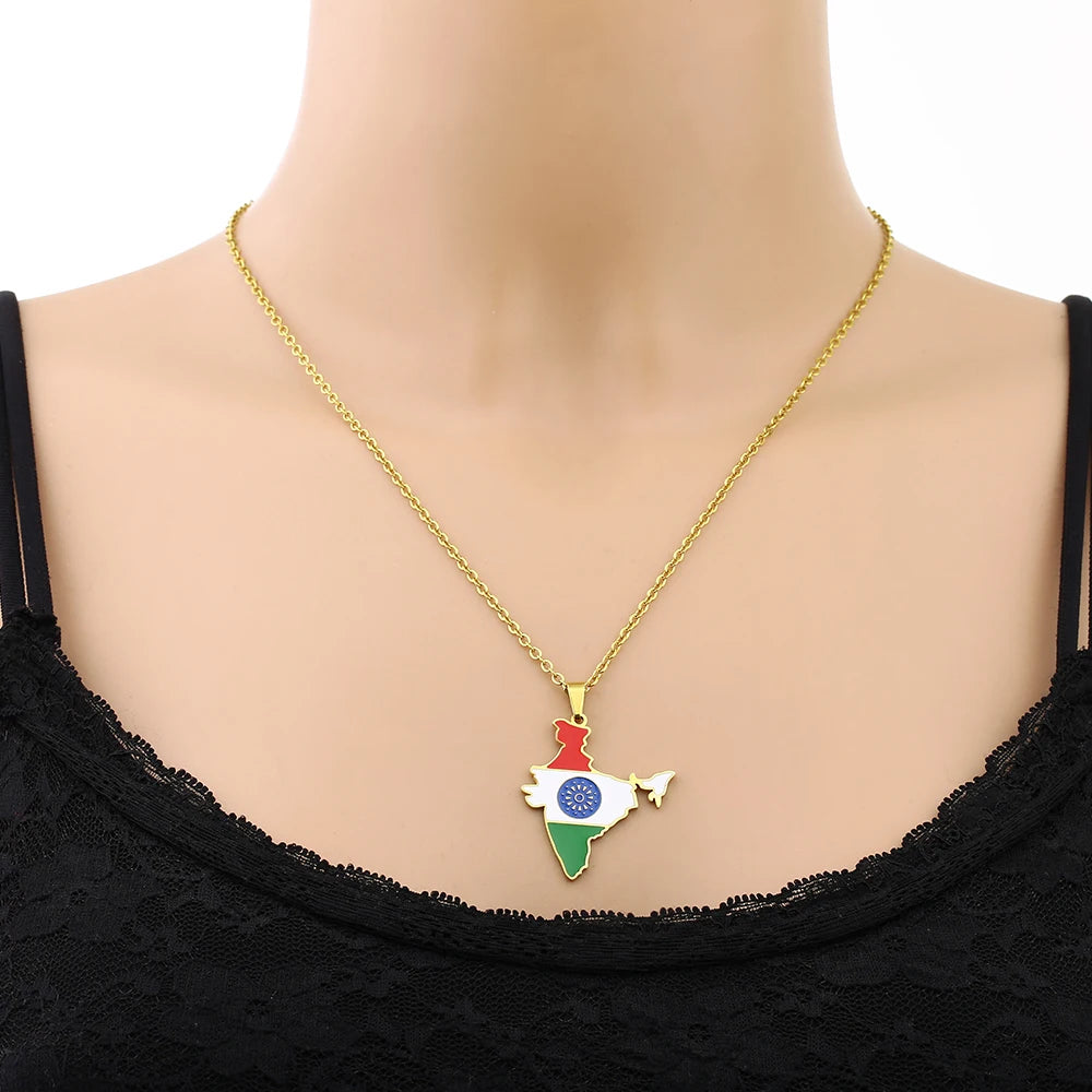 India Map Flag Pendant Necklace - Stainless Steel Jewelry for Men & Women