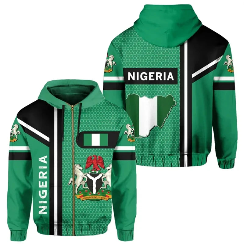 Nigeria Flag Zip Up Hoodie 3D Print Casual Unisex Hooded Sweatshirt