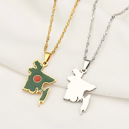 Bangladesh Map Flag Pendant Necklace - Stainless Steel Jewelry for Men & Women